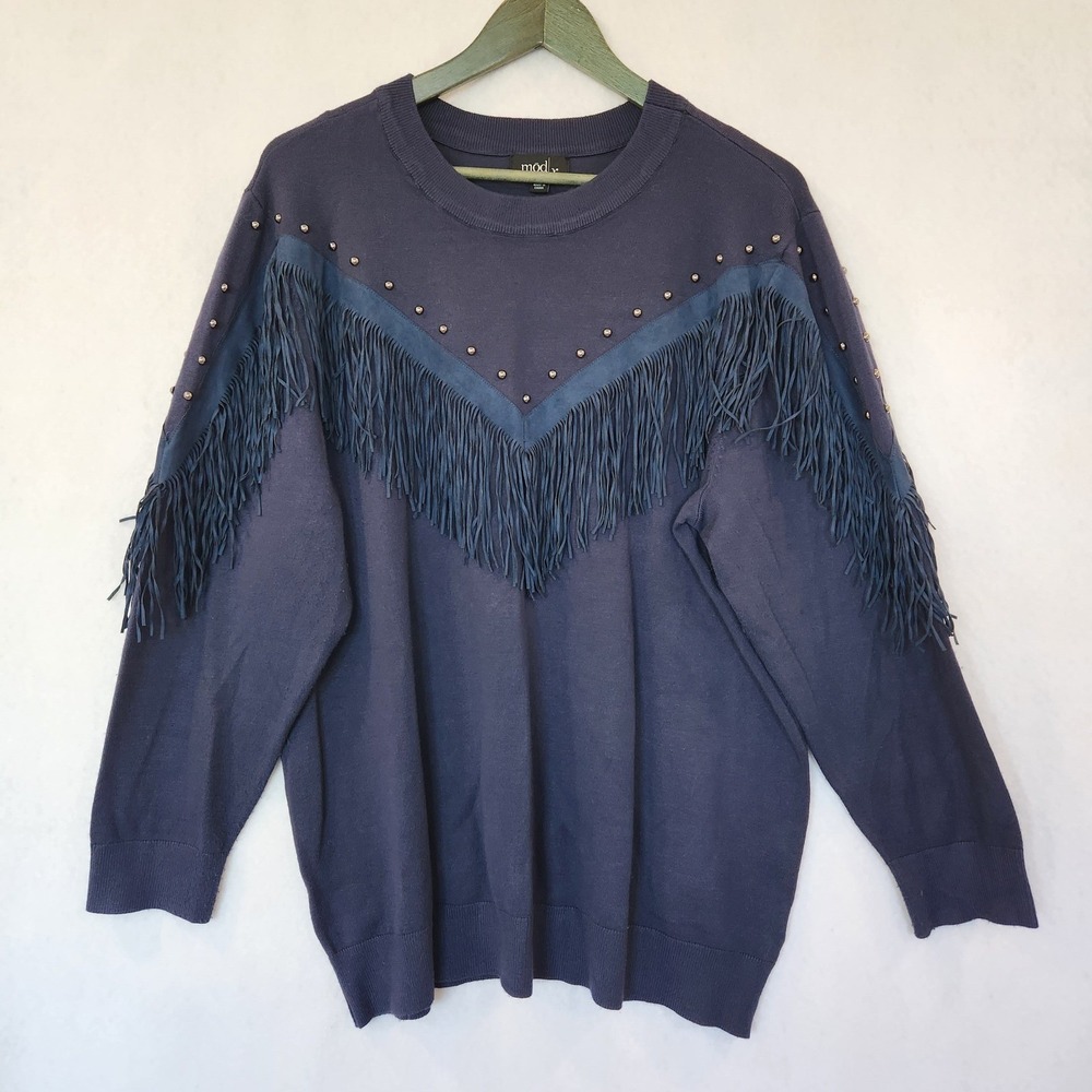 Mod X Navy Blue Fringe Studded Western Crewneck Sweater Womens Plus Size 1X‎
